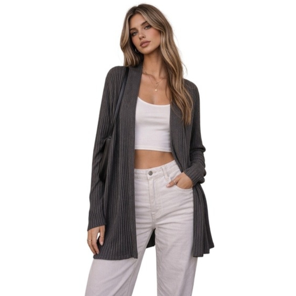 Eileen Fisher Open Front Cardigan Charcoal Stretch Rib Old Money Cozy Sz M NWOT